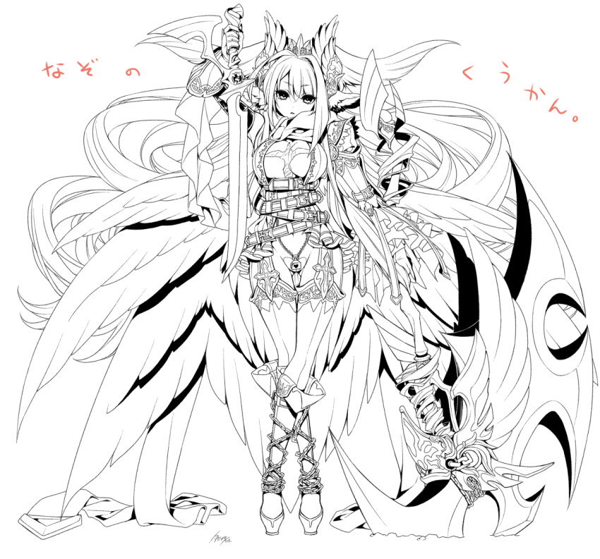 1girl artist_name axe bangs battle_axe belt bodysuit boots breasts chains cleavage crown expressionless eyebrows eyebrows_visible_through_hair frilled_skirt frilled_sleeves frills full-length_zipper garter_straps gloves gradient_hair hair_intakes head_tilt head_wings knee_boots large_breasts legs_crossed lineart long_hair long_sleeves multicolored_hair multiple_belts multiple_wings original partially_colored platform_footwear pleated_skirt revealing_clothes scarf signature skirt solo stomach swept_bangs sword takatsuki_ichi text thigh-highs thigh_gap weapon wings zipper