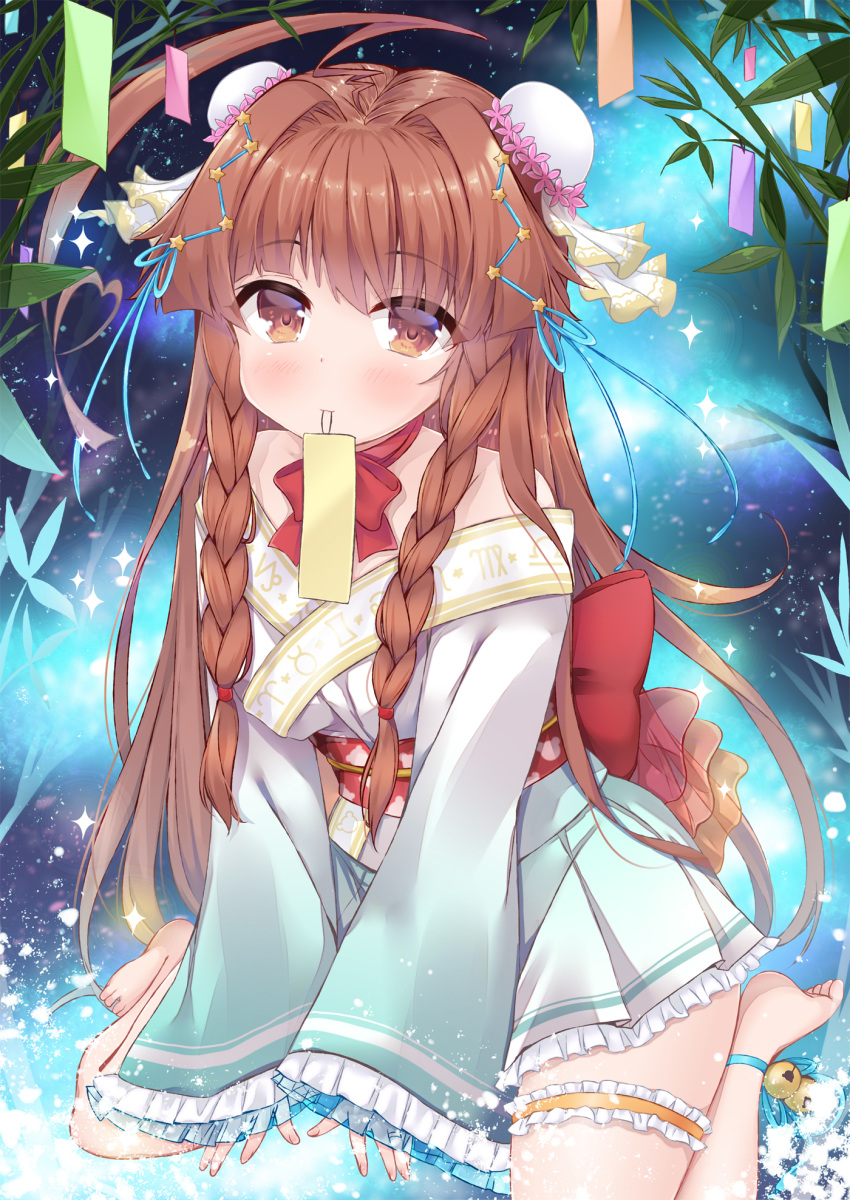1girl ahoge alternate_costume alternate_hairstyle bare_shoulders braid brown_eyes brown_hair bun_cover commentary_request double_bun highres kantai_collection kuma_(kantai_collection) lolita_fashion long_hair looking_at_viewer mouth_hold night night_sky sitting sky solo star_(sky) starry_sky tanabata twin_braids wa_lolita wariza yukina_(black0312)