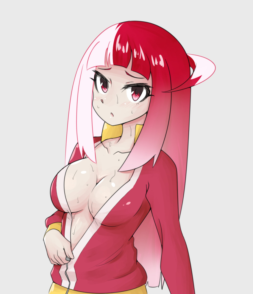 1girl akiba's_trip akiba's_trip_the_animation breasts cleavage drawfag highres jacket long_hair looking_at_viewer mayonaka_matome multicolored_hair red_eyes redhead solo sweat track_jacket unzipping upper_body white_hair