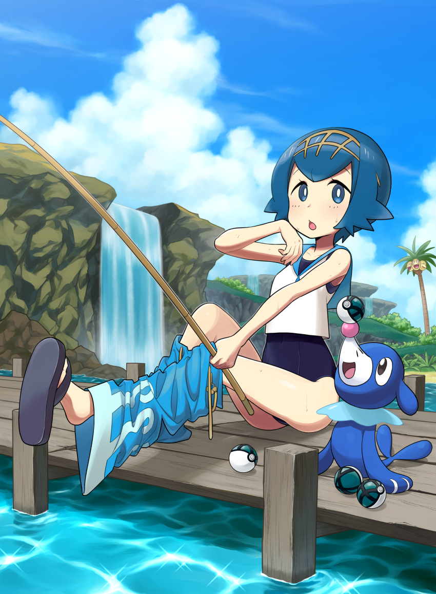 1girl :o alolan_exeggutor blue_eyes blue_hair blue_sky bobukuro clouds covered_navel day dive_ball feet fishing_rod full_body hairband highres lake looking_at_viewer one-piece_swimsuit outdoors pants pants_pull pokemon pokemon_(creature) pokemon_(game) pokemon_sm popplio shirt short_hair sky sleeveless sleeveless_shirt slippers sparkle suiren_(pokemon) sweatdrop swimsuit swimsuit_under_clothes trial_captain water waterfall