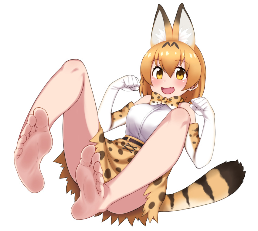 1girl animal_ears bare_legs bare_shoulders barefoot blonde_hair blush bow bowtie breasts elbow_gloves fang feet gloves happy high-waist_skirt kemono_friends legs open_mouth satou_(su9arsatou) serval_(kemono_friends) serval_ears serval_print serval_tail shirt short_hair simple_background skirt sleeveless sleeveless_shirt smile soles solo tail thighs toes white_background yellow_eyes