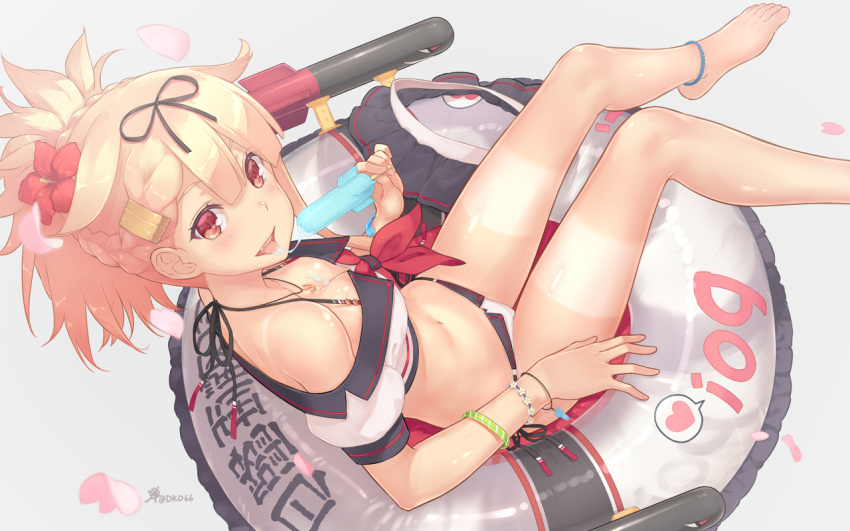 1girl :p adapted_costume ankleband anklet barefoot bikini bikini_under_clothes blonde_hair blush bracelet braid breasts cleavage crop_top crown_braid dan_(kumadan) downblouse feet flower food food_on_body hair_flower hair_ornament hair_ribbon hairclip halterneck innertube jewelry kantai_collection looking_at_viewer lying medium_breasts midriff mirrored navel necklace off-shoulder_shirt petals poi popsicle red_eyes remodel_(kantai_collection) ribbon sailor_collar shirt side-tie_bikini side_braid skirt skirt_removed smile solo swimsuit tan tanline tied_hair tongue tongue_out white_bikini wristband yuudachi_(kantai_collection)