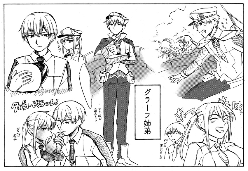 1boy 1girl anchor breasts capelet cigarette closed_eyes collared_shirt commentary_request crossed_arms dodomori dual_persona eyebrows_visible_through_hair genderswap genderswap_(ftm) gloves graf_zeppelin_(kantai_collection) greyscale hair_between_eyes hat highres iron_cross kantai_collection laughing long_hair long_sleeves looking_at_viewer machinery military military_hat military_uniform monochrome multiple_views necktie one_eye_closed open_mouth pants rigging shirt shoes smile smoke smoking translation_request twintails uniform weapon