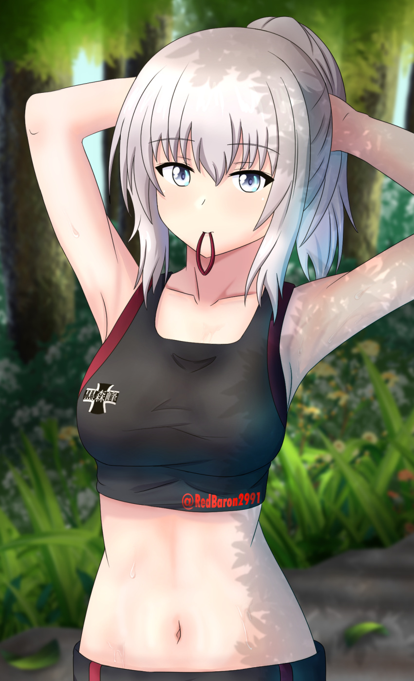 1girl alternate_hairstyle arms_up bangs black_sports_bra blue_eyes blurry blurry_background closed_mouth commentary dappled_sunlight day depth_of_field emblem eyebrows_visible_through_hair girls_und_panzer hair_tie_in_mouth hair_up highres itsumi_erika kuromorimine_(emblem) looking_at_viewer medium_hair midriff mouth_hold navel outdoors plant ponytail redbaron silver_hair solo sports_bra sportswear standing sunlight tree twitter_username tying_hair