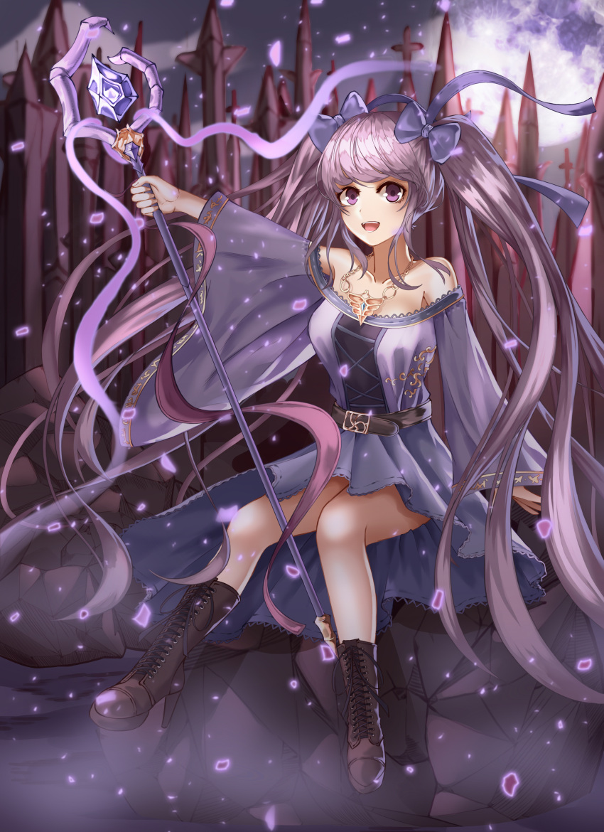 1girl :d absurdres belt boots brown_boots cross-laced_footwear crystal dress highres jewelry long_hair magical_girl necklace open_mouth outdoors purple_dress purple_hair sitting smile solo twintails very_long_hair violet_eyes wand wide_sleeves yagyun