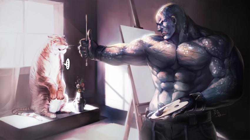 ... 1boy abs agents_of_mayhem artist_name bald blue_eyes curtains flower gloves glowing glowing_eye grass highres leaf male_focus navel paintbrush phong_anh shirtless solo tiger upper_body white_skin window yeti_(agents_of_mayhem)