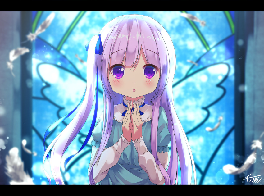 1girl blue_ribbon blush character_request chinomaron closed_eyes hair_ribbon highres letterboxed long_hair long_sleeves looking_at_viewer parted_lips purple_hair ribbon side_ponytail signature solo tenshi_no_3p! triangle_mouth upper_body violet_eyes