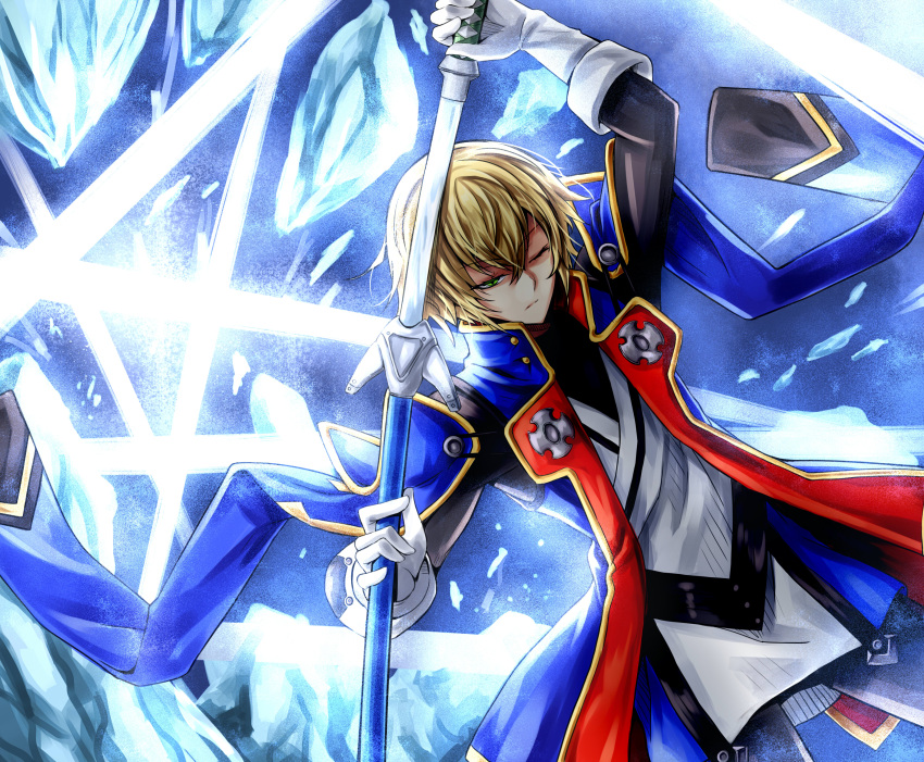 1boy absurdres blazblue blazblue:_calamity_trigger blazblue:_central_fiction blazblue:_chronophantasma blazblue:_continuum_shift blonde_hair glacier green_eyes highres holding holding_sword holding_weapon ice jacket karadborg katana kisaragi_jin looking_at_viewer solo sword weapon