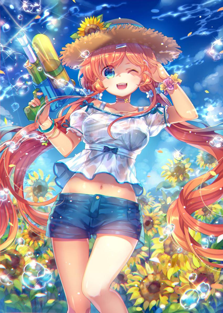 1girl blue_ribbon blush breasts capura_lin collarbone eyebrows_visible_through_hair flower hat hat_ribbon highres large_breasts long_hair looking_at_viewer navel one_eye_closed open_mouth original pink_hair ribbon short_shorts shorts smile solo sunflower twintails water_drop water_gun