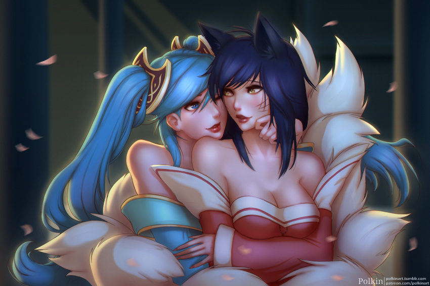 2girls ahri animal_ears aqua_hair artist_name bare_shoulders black_hair blue_dress blue_eyes blush breast_hold breasts cheek-to-cheek cleavage collarbone colored couple detached_sleeves dress eye_contact female feversea fox_ears fox_tail hair_ornament highres large_breasts league_of_legends light_blue_hair lips lipstick long_hair looking_at_another looking_back makeup multiple_girls multiple_tails mutual_yuri nail_polish neck off-shoulder_dress one_eye_closed parted_lips patreon_username petals polkin red_detached_sleeves red_dress red_lipstick red_nails smile sona_buvelle strapless strapless_dress tail tumblr_username twintails upper_body watermark web_address whisker_markings wink yellow_eyes yuri