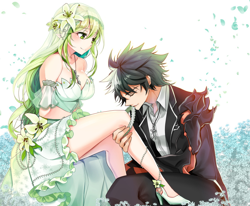 1boy 1girl black_hair bride closed_eyes closed_mouth collarbone couple dress elsword flower formal green_eyes green_hair hair_flower hair_ornament hamericano high_heels highres jewelry kneeling leg_garter lily_(flower) long_hair messy_hair mouth_hold multicolored_hair necklace raven_(elsword) rena_(elsword) shoes sitting smile suit two-tone_hair white_dress white_hair white_shoes