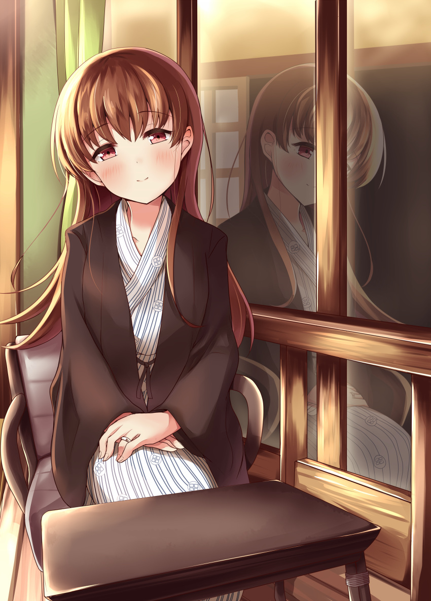 absurdres alternate_costume blush brown_eyes brown_hair commentary_request cover cover_page doujin_cover hands_on_lap head_tilt highres jewelry kantai_collection long_hair looking_at_viewer ooi_(kantai_collection) reflection ring sitting smile soramuko table wedding_band