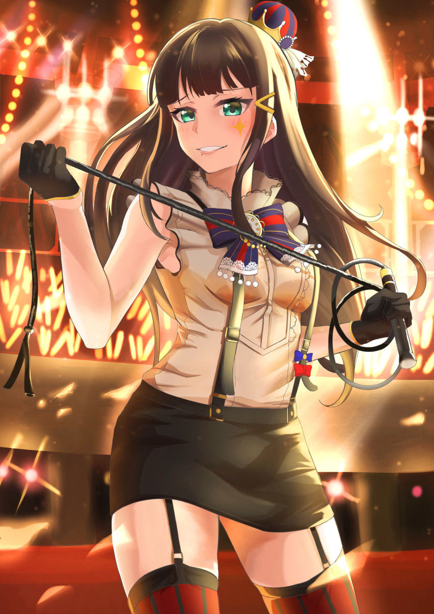 1girl absurdres bangs black_gloves black_hair black_skirt blue_bow blue_bowtie bow bowtie commentary_request crown facial_mark garter_straps gloves glowstick green_eyes grin hair_ornament hairpin half_gloves highres holding_whip kurosawa_dia lace-trimmed_bow long_hair looking_at_viewer love_live! love_live!_school_idol_festival love_live!_sunshine!! mini_crown miniskirt mole mole_under_mouth shaka_0515 skirt sleeveless smile solo stage_lights striped striped_bow striped_bowtie striped_legwear suspender_skirt suspenders thigh-highs vertical-striped_legwear vertical_stripes whip