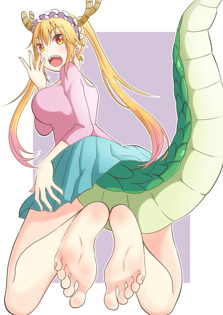 1girl barefoot blonde_hair breasts dragon_girl dragon_horns dragon_tail feet highres horns kobayashi-san_chi_no_maidragon large_breasts leafar long_hair looking_at_viewer open_mouth slit_pupils smile soles solo tail toes tooru_(maidragon) twintails