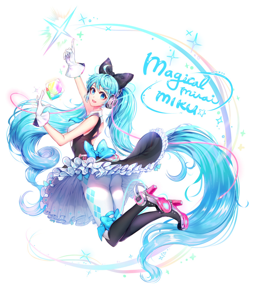 1girl black_boots black_bow blue_bow blue_eyes blue_hair blush boots bow eyebrows_visible_through_hair gloves hair_bow hatsune_miku headphones high_heel_boots high_heels highres index_finger_raised knee_boots long_hair looking_at_viewer magical_mirai_(vocaloid) ozzingo pantyhose parted_lips smile solo twintails vocaloid white_gloves white_legwear