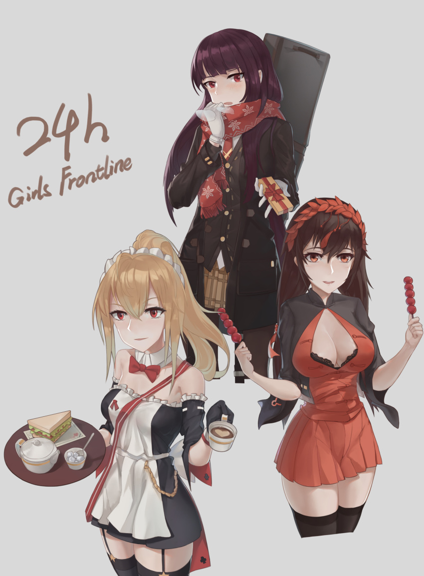 3girls absurdres apron bangs bare_shoulders black_hair black_legwear blush breasts brown_eyes brown_hair cardigan cleavage coat coffee copyright_name cup dango detached_sleeves enpera eyebrows_visible_through_hair food frills garter_straps girls_frontline grey_background hair_between_eyes hand_up highres holding holding_cup holding_food jiachong_jun_z large_breasts latte_art long_hair looking_at_viewer medium_breasts multiple_girls open_clothes open_coat pantyhose parted_lips pleated_skirt ponytail purple_hair red_eyes red_scarf red_skirt sandwich scarf sidelocks simple_background skirt sleeves_past_elbows small_breasts smile sugar_cube sv-98_(girls_frontline) teacup teapot thigh-highs thighs type_56_assault_rifle_(girls_frontline) wa2000_(girls_frontline) wagashi weapon_bag zettai_ryouiki