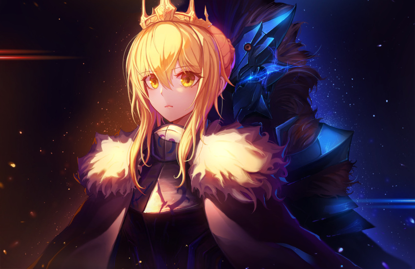 1girl armor artoria_pendragon_(all) artoria_pendragon_(lancer) aura bangs black_background blonde_hair breastplate closed_mouth commentary crown expressionless eyebrows_visible_through_hair fate/grand_order fate_(series) full_armor fur-trimmed_cloak glowing glowing_eye hair_between_eyes hair_bun helmet highres inho_song light_trail looking_at_viewer multiple_views serious short_hair sidelocks upper_body white_cloak yellow_eyes