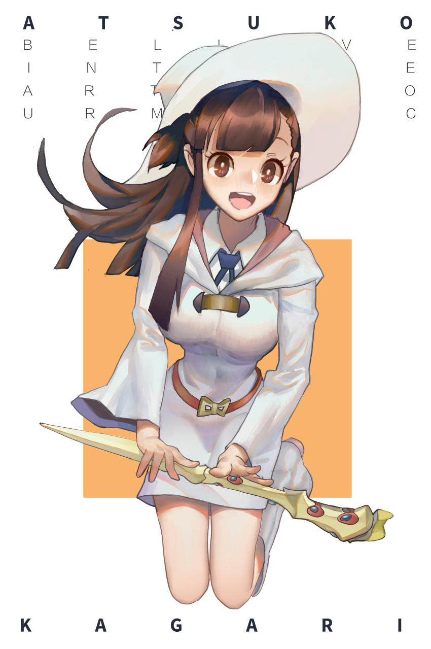 1girl absurdres blush boots breasts brown_hair character_name eur hat highres kagari_atsuko knee_boots large_breasts little_witch_academia long_hair looking_at_viewer open_mouth red_eyes smile solo white_boots white_hat witch_hat