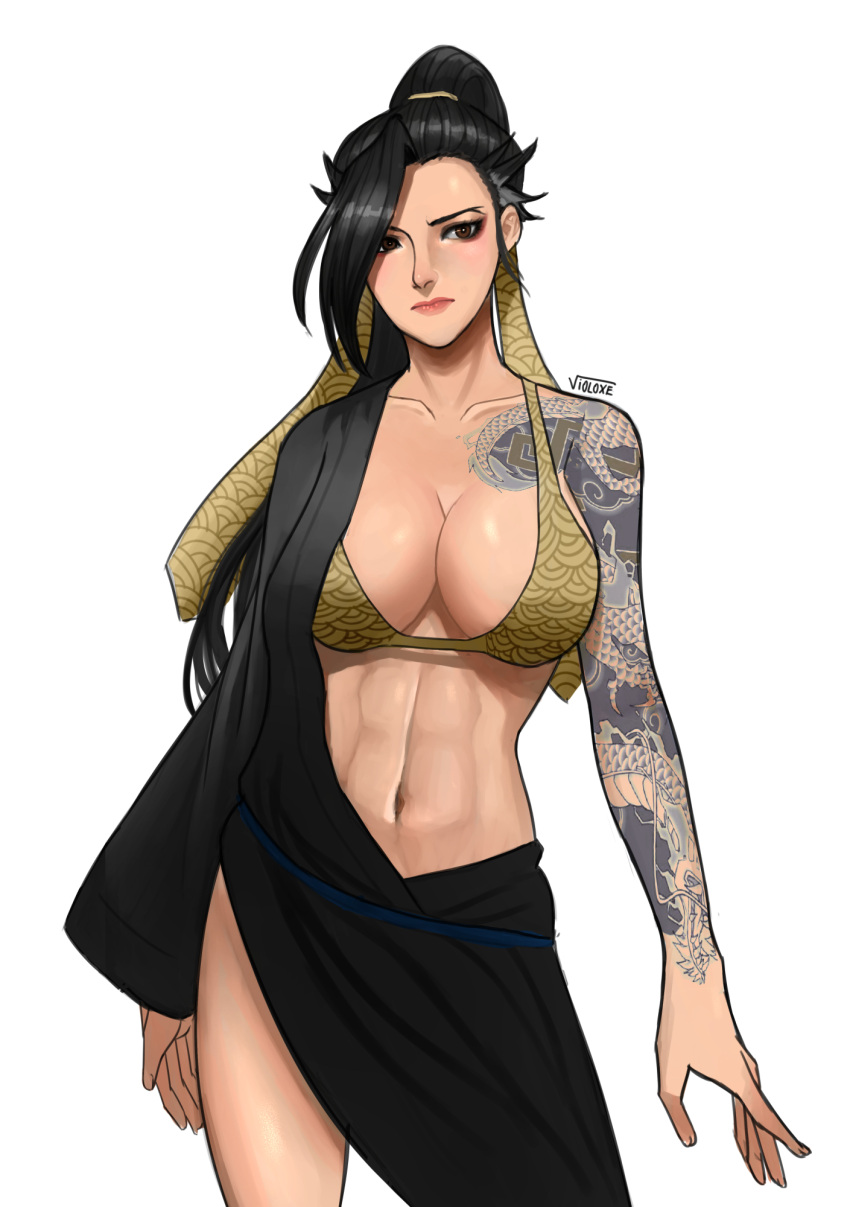 1girl abs arm_tattoo arms_at_sides artist_name asymmetrical_clothes bare_arms bare_shoulders bikini bikini_top black_hair breasts brown_eyes closed_mouth collarbone eyelashes eyeliner eyeshadow female fingernails genderswap genderswap_(mtf) hair_ornament hair_ribbon hair_tie hanzo_(overwatch) highres japanese_clothes large_breasts legs_apart long_sleeves makeup mascara midriff navel nose overwatch pink_lips print_bikini ribbon simple_background solo standing stomach strap_gap swimsuit tattoo toned violoxe white_background wide_sleeves yellow_bikini_top yellow_ribbon