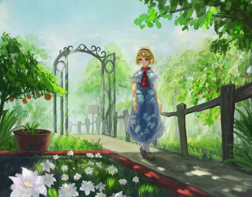 1girl alice_margatroid blonde_hair blue_eyes blush boots brown_boots closed_mouth eyebrows_visible_through_hair fjsmu garden hairband highres looking_at_viewer short_hair smile solo touhou white_legwear