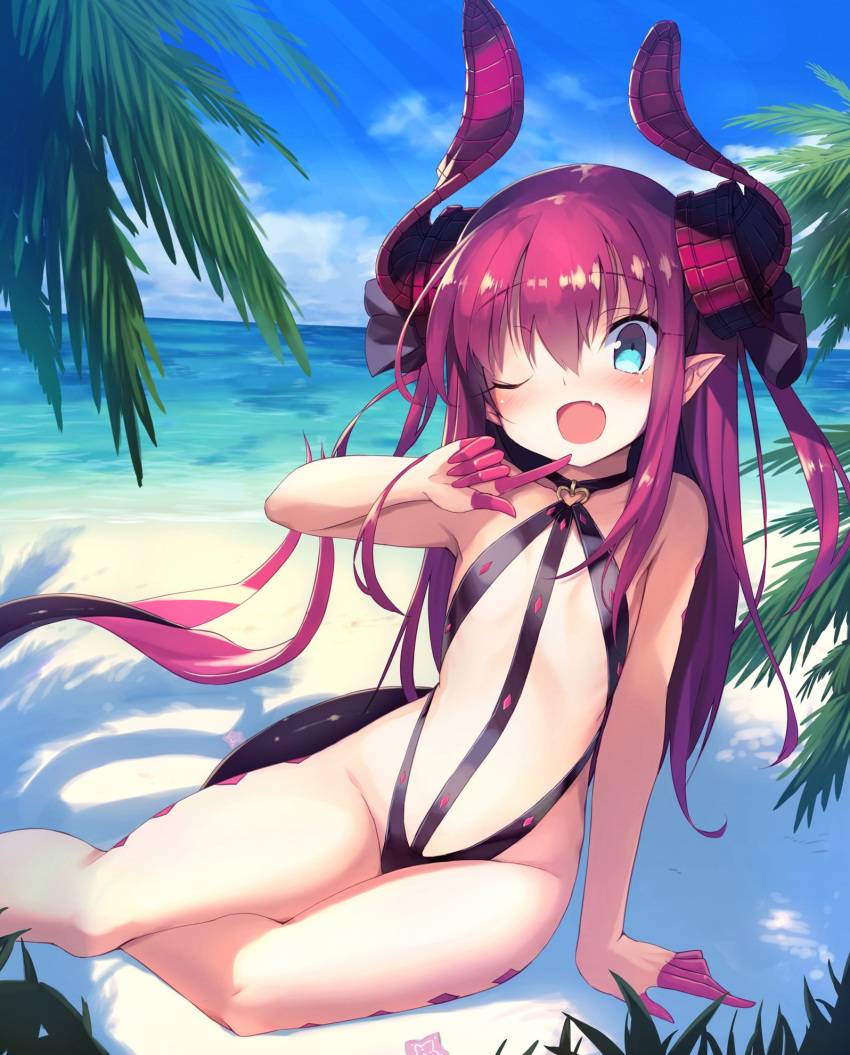 1girl armadillon asymmetrical_horns bangs bare_shoulders black_ribbon blue_eyes day fang fate/extra fate/extra_ccc fate_(series) hair_ribbon heart highres horns lancer_(fate/extra_ccc) long_hair looking_at_viewer ocean one_eye_closed outdoors pointy_ears purple_hair ribbon sand sitting smile solo summer tail very_long_hair water yokozuwari