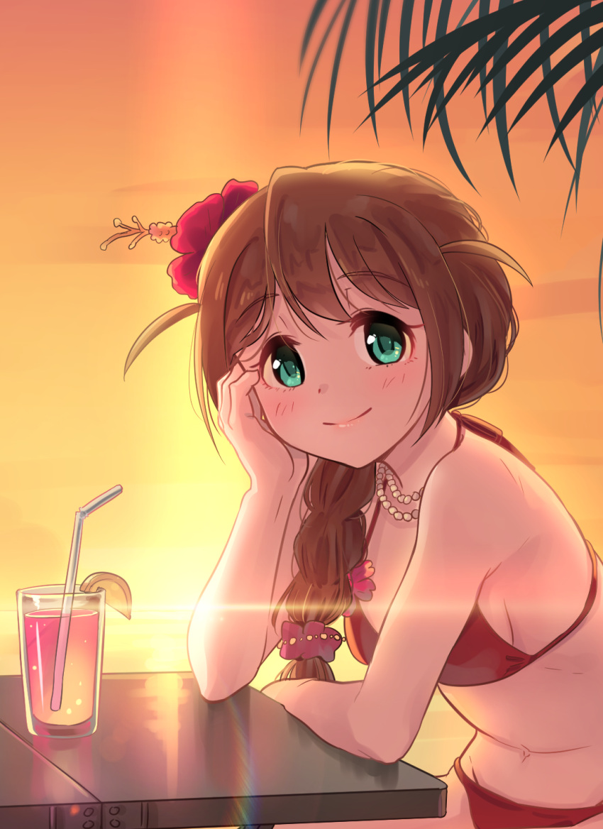 1girl baba_konomi blush breasts brown_hair closed_mouth cup drinking_glass drinking_straw eyebrows_visible_through_hair flower green_eyes hair_flower hair_ornament hand_on_own_head highres idolmaster idolmaster_million_live! jewelry kamille_(vcx68) long_hair looking_at_viewer medium_breasts navel necklace sideboob smile solo table