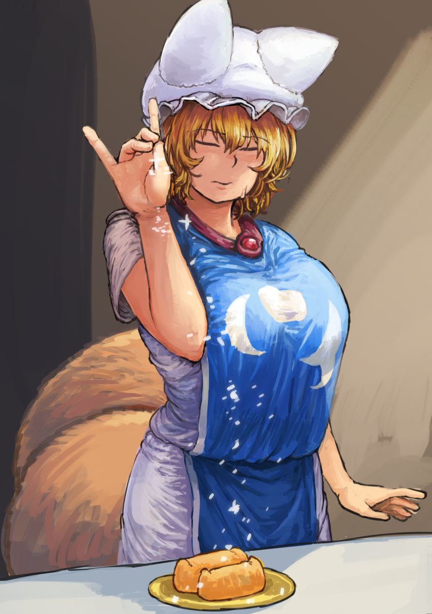 1girl absurdres animal_ears arm_up bare_arms blonde_hair breasts chanta_(ayatakaoisii) closed_eyes closed_mouth dress eyebrows_visible_through_hair food_request fox_ears fox_shadow_puppet fox_tail hand_up hat highres large_breasts meme multiple_tails pillow_hat plate salt_bae_(meme) short_hair short_sleeves solo sweatdrop tabard table tail touhou upper_body white_dress white_hat yakumo_ran