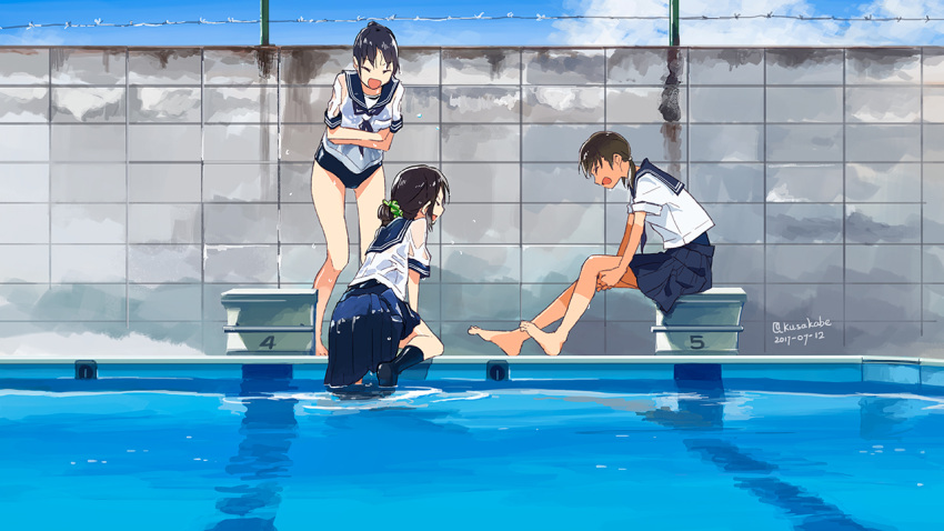 &gt;:d 3girls :d barefoot black_hair brown_hair closed_eyes dated kusakabe_(kusakabeworks) laughing multiple_girls one-piece_swimsuit open_mouth original pleated_skirt ponytail pool sailor_collar school_uniform scrunchie serafuku sitting skirt smile standing swimsuit swimsuit_under_clothes twitter_username wet wet_clothes