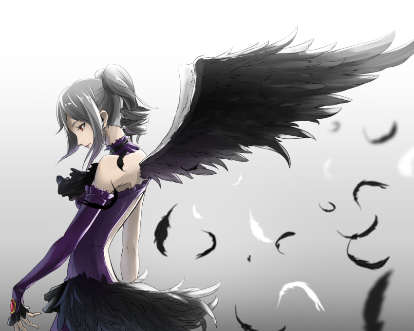 1girl asymmetrical_wings bare_shoulders black_wings detached_collar dress drill_hair elbow_gloves feathered_wings feathers gem gloves gown gradient gradient_background grey_background idolmaster idolmaster_cinderella_girls kanzaki_ranko lipstick long_sleeves looking_down makeup profile purple_dress purple_lipstick red_eyes silver_hair smile solo sugi_214 twin_drills twintails upper_body white_background wings