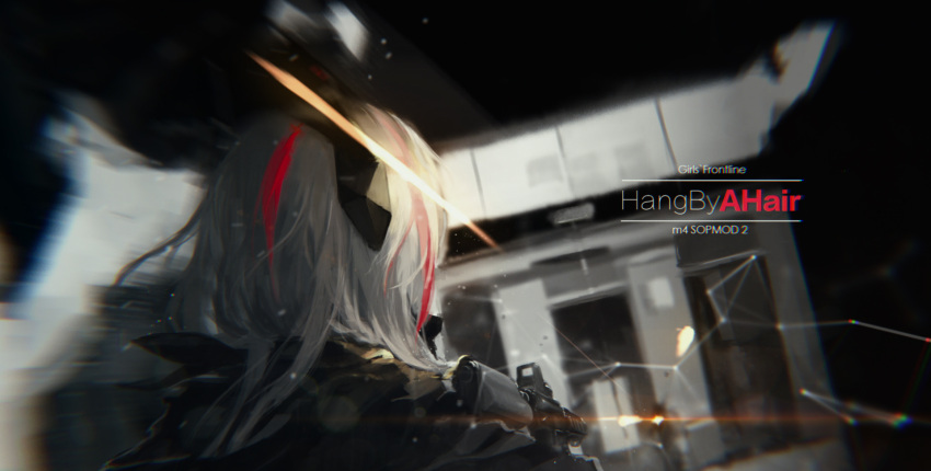 1girl aiming assault_rifle blurry character_name copyright_name from_behind girls_frontline grey_hair gun highres holding holding_gun holding_weapon hood hooded_jacket jacket lens_flare long_hair m4_carbine m4_sopmod_ii_(girls_frontline) mienthoa motion_blur multicolored_hair pink_hair redhead rifle solo streaked_hair upper_body weapon