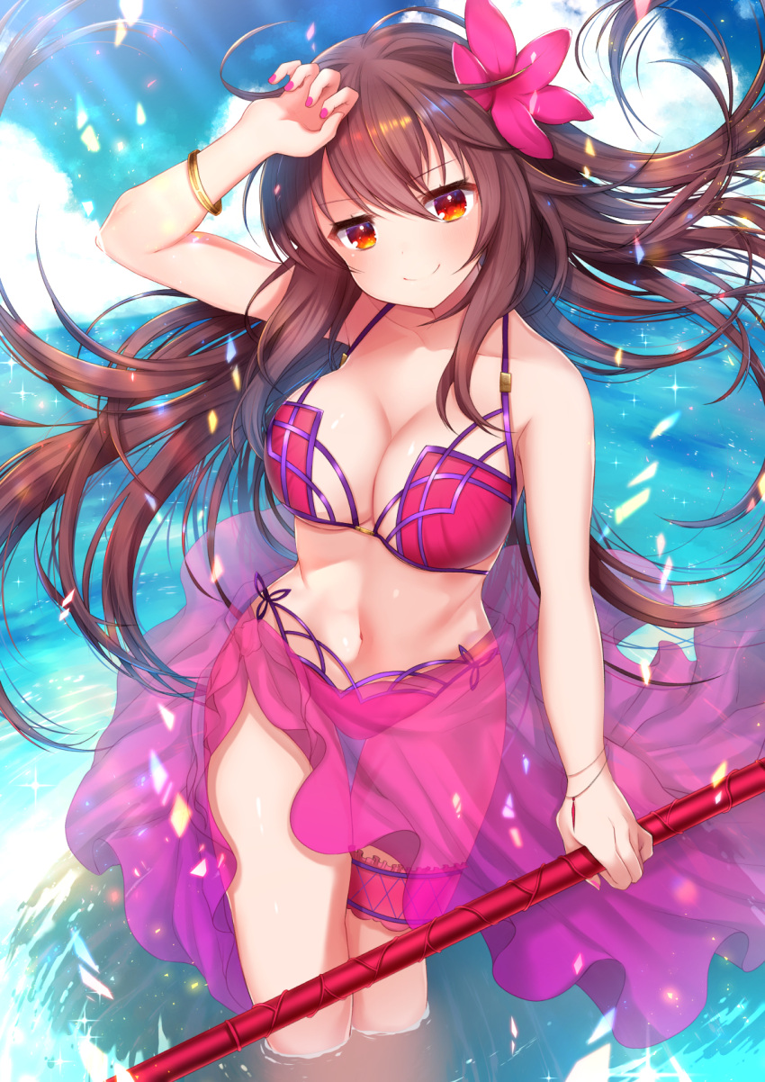 1girl akiran'nu bikini blush breasts fate/grand_order fate_(series) flower gae_bolg hair_flower hair_ornament hibiscus highres large_breasts long_hair looking_at_viewer navel polearm purple_hair red_eyes scathach_(fate/grand_order) scathach_(swimsuit_assassin)_(fate) smile solo spear swimsuit weapon