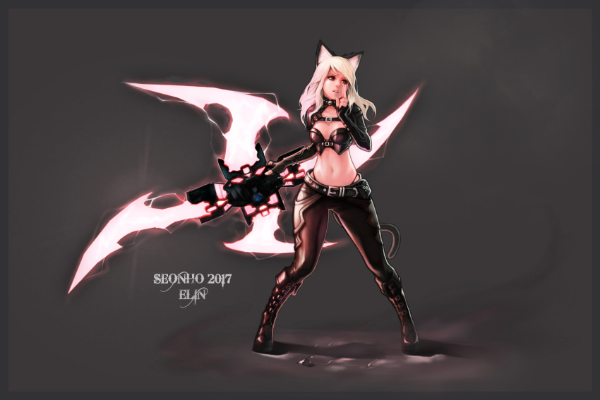 1girl animal_ears artist_request belt black_boots black_panties black_pants blonde_hair boots breasts brown_eyes bustier cat_ears cat_tail elin_(tera) energy_blade fighting_stance fingerless_gloves gloves highleg highleg_panties highres holding holding_weapon huge_weapon knee_boots leather leather_pants long_hair midriff navel panties pants shuriken small_breasts solo tail tera_online tight tight_pants underwear weapon