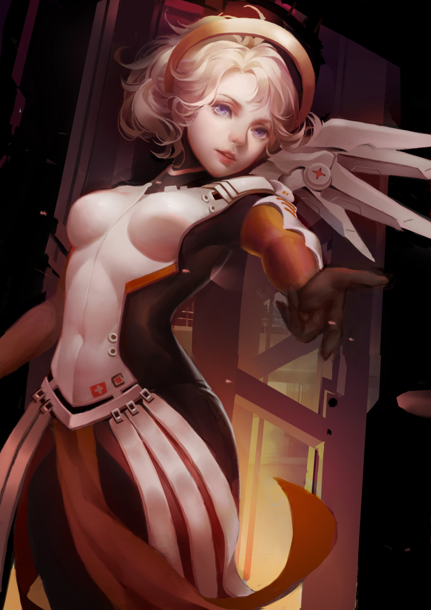 1girl absurdres arm_at_side black_gloves blonde_hair blue_eyes bodysuit breastplate breasts brown_legwear cowboy_shot eyelashes faulds gloves hand_up headgear highres hua_manhua_de_zhong_shu loincloth long_sleeves looking_at_viewer mechanical_halo mechanical_wings medium_breasts mercy_(overwatch) nose overwatch pantyhose parted_lips pelvic_curtain petals pink_lips ponytail short_hair short_ponytail skin_tight solo spread_fingers spread_wings swiss_flag teeth upper_teeth wings