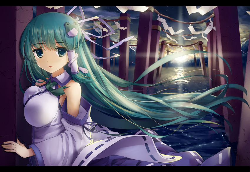 1girl breast_press cafeore detached_sleeves eyebrows_visible_through_hair frog frog_hair_ornament green_eyes green_hair hair_ornament hair_tubes kochiya_sanae letterboxed long_hair looking_at_viewer parted_lips sky snake solo star_(sky) starry_sky sunrise torii touhou water wind