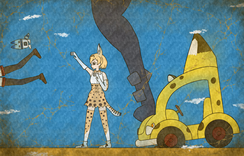 2girls animal_ears bare_shoulders black_cerulean_(kemono_friends) black_eyes black_legwear blonde_hair blue_background bow bowtie brown_shoes closed_mouth commentary_request crack egyptian_art elbow_gloves flat_tire from_side gloves high-waist_skirt highres japari_bus kaban_(kemono_friends) kemono_friends kita_(7kita) legs_apart lucky_beast_(kemono_friends) multiple_girls pantyhose profile serval_(kemono_friends) serval_ears serval_print serval_tail shirt shoes short_hair shorts skirt sleeveless sleeveless_shirt standing striped_tail tail thigh-highs white_shirt white_shoes