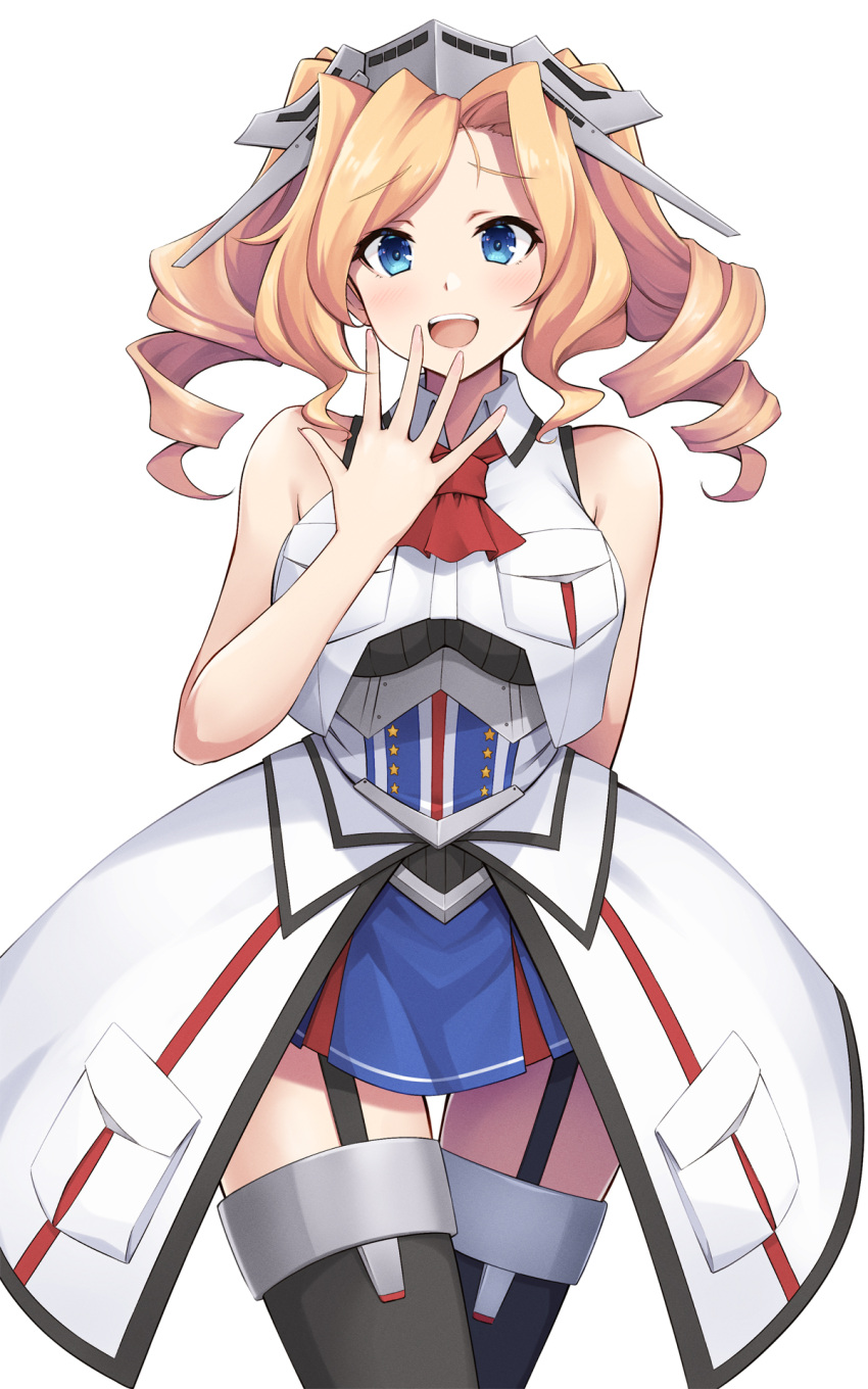 1girl black_legwear blonde_hair blue_dress blue_eyes breast_pocket breasts cowboy_shot crop_top dress drill_hair garter_straps headgear highres honolulu_(kancolle) kantai_collection kodama_(mmt_uf) large_breasts long_hair looking_at_viewer military military_uniform overskirt pleated_dress pocket simple_background sleeveless sleeveless_jacket solo thigh-highs twin_drills twintails uniform white_background