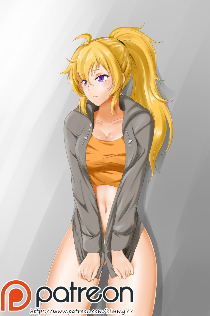 1girl :| ahoge alfred_cullado ass_visible_through_thighs blush breasts cleavage closed_mouth clothes_pull cowboy_shot drawstring grey_background high_ponytail highres hood hoodie large_breasts long_ponytail looking_away midriff navel patreon_logo ponytail rwby solo tank_top thighs violet_eyes watermark web_address yang_xiao_long zipper zipper_pull_tab