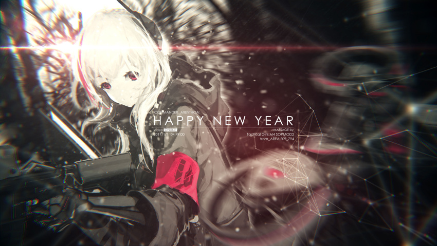 1girl absurdres assault_rifle bangs blurry character_name chromatic_aberration closed_mouth depth_of_field dutch_angle eotech girls_frontline gun happy_new_year highres holding holding_gun holding_weapon hood hooded_jacket jacket lens_flare long_hair looking_at_viewer m4_carbine m4_sopmod_ii_(girls_frontline) mienthoa military military_uniform multicolored_hair new_year purple_hair rifle solo streaked_hair uniform violet_eyes weapon white_hair