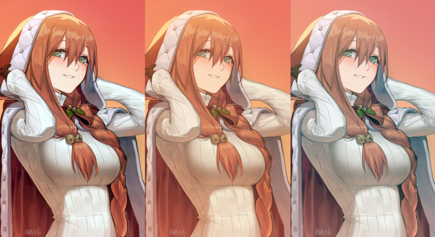 1girl absurdres arms_up artist_name bangs bell breasts brown_hair cloak comparison eyebrows_visible_through_hair fur_trim girls_frontline green_eyes hair_bell hair_between_eyes hair_ornament haje highres hood hooded_cloak jingle_bell large_breasts long_hair looking_at_viewer m1903_springfield_(girls_frontline) multiple_views parted_lips ribbed_sweater signature smile sweater upper_body white_sweater
