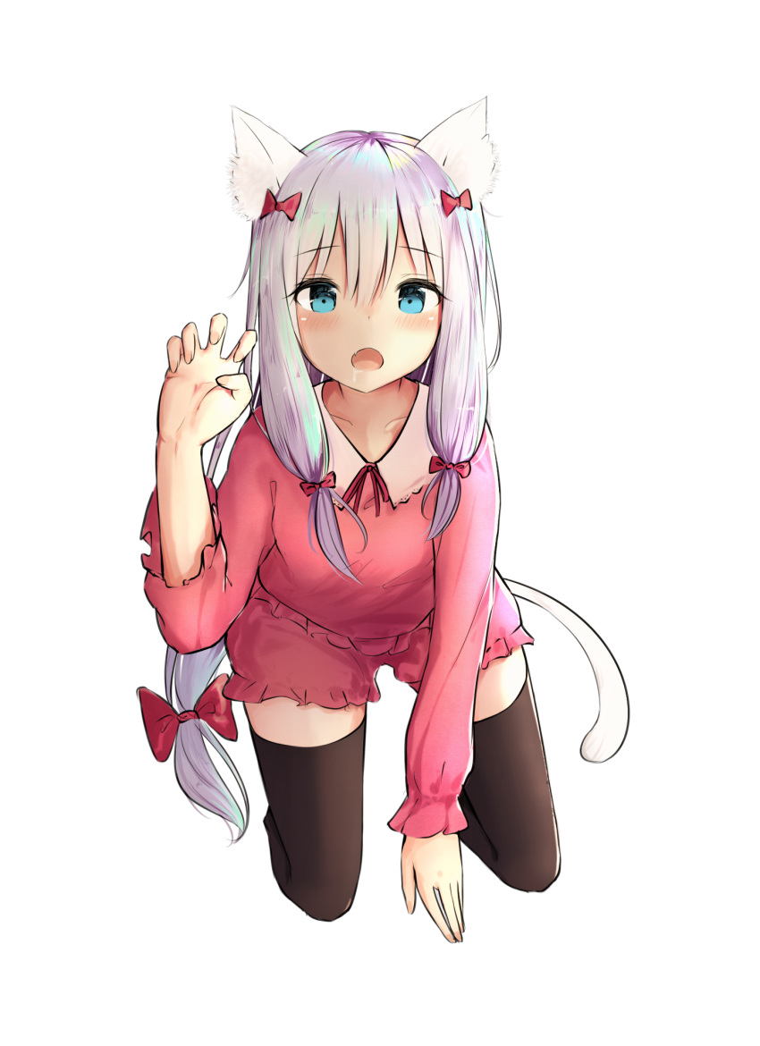 1girl :o all_fours animal_ears blue_eyes blush bow cat_ears cat_tail claw_pose eromanga_sensei eyebrows_visible_through_hair fang hair_bow highres izumi_sagiri kayakooooo long_hair looking_at_viewer open_mouth pet_play pink_bow revision signature silver_hair solo tail thigh-highs transparent_background