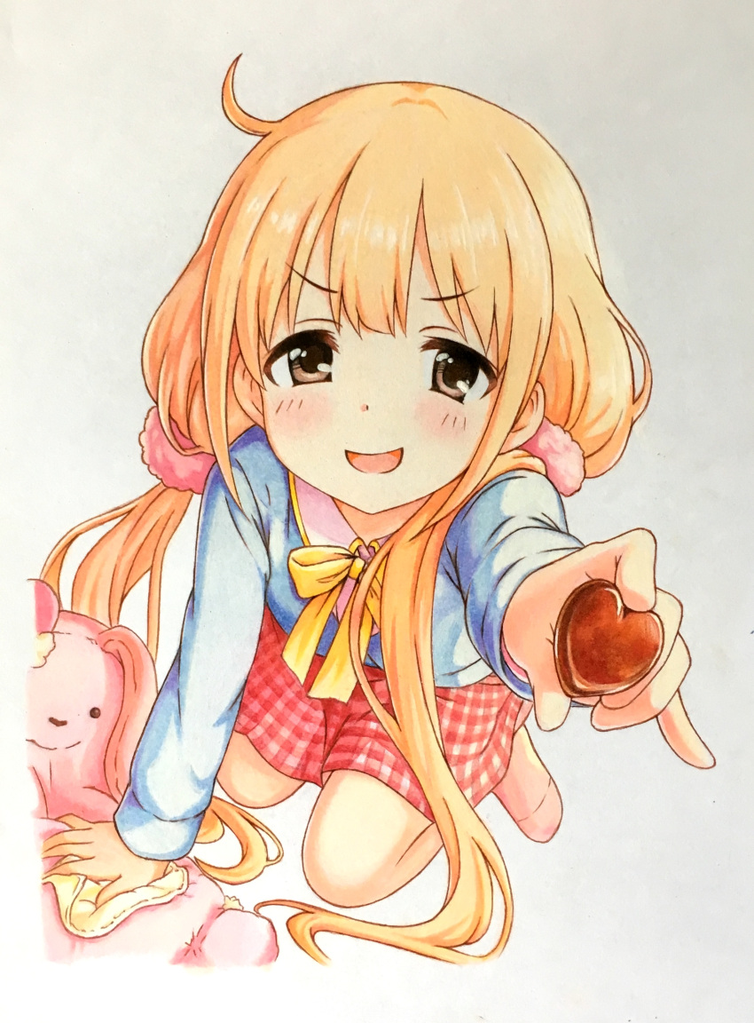 1girl :d absurdres bangs blonde_hair blue_shirt blush bow bowtie brown_eyes chocolate collared_shirt colored_pencil_(medium) commentary_request eyebrows_visible_through_hair food from_above full_body futaba_anzu giving gradient gradient_background hair_ornament hair_scrunchie hand_rest highres holding holding_chocolate holding_food idolmaster idolmaster_cinderella_girls idolmaster_cinderella_girls_starlight_stage long_hair long_sleeves looking_at_viewer low_twintails miniskirt open_mouth plaid plaid_skirt red_skirt scrunchie shirt skirt smile socks solo stuffed_animal stuffed_bunny stuffed_toy traditional_media twintails very_long_hair wing_collar yellow_bow yellow_bowtie yuu_(user_rnzd8528)