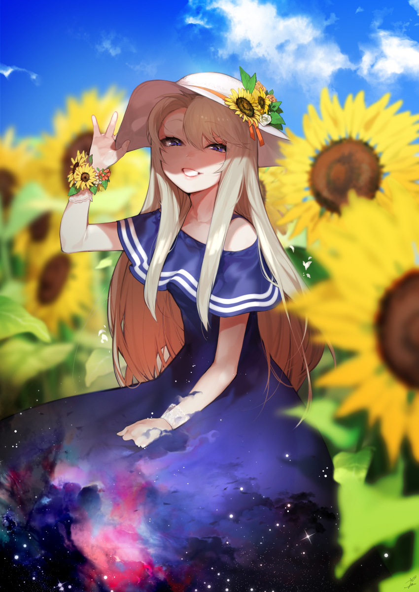 1girl absurdres bare_shoulders blonde_hair blue_eyes blue_sky clouds dress flower grin hat highres long_hair looking_at_viewer original outdoors sky smile solo space_print starry_sky_print sun_hat sunflower wntame