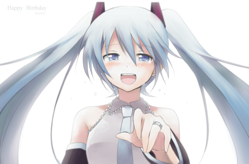 1girl 2013 :d blue_eyes blue_hair blue_necktie blush collarbone crying crying_with_eyes_open dated detached_sleeves eyebrows_visible_through_hair floating_hair grey_shirt hair_between_eyes hair_ornament happy_birthday hatsune_miku highres jewelry long_hair looking_at_viewer necktie open_mouth ring shirt simple_background sleeveless sleeveless_shirt smile solo sudachi_(calendar) tears twintails upper_body upper_teeth very_long_hair vocaloid white_background