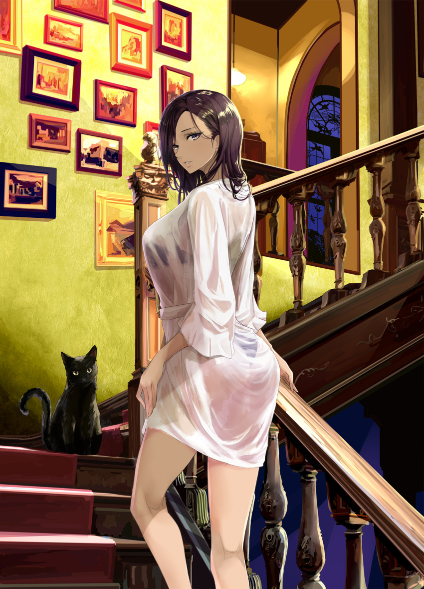 1girl arch ass banister black_bra black_panties bra bra_under_clothes brown_eyes brown_hair carpet cat chef_no_kimagure_salad from_behind from_below hand_on_own_thigh hand_on_railing highres indoors leg_lift light light_smile lights lingerie looking_at_viewer looking_back open_mouth original panties pedestal photo_(object) picture_frame robe see-through shiny shiny_hair solo stairs statuette thong underwear window