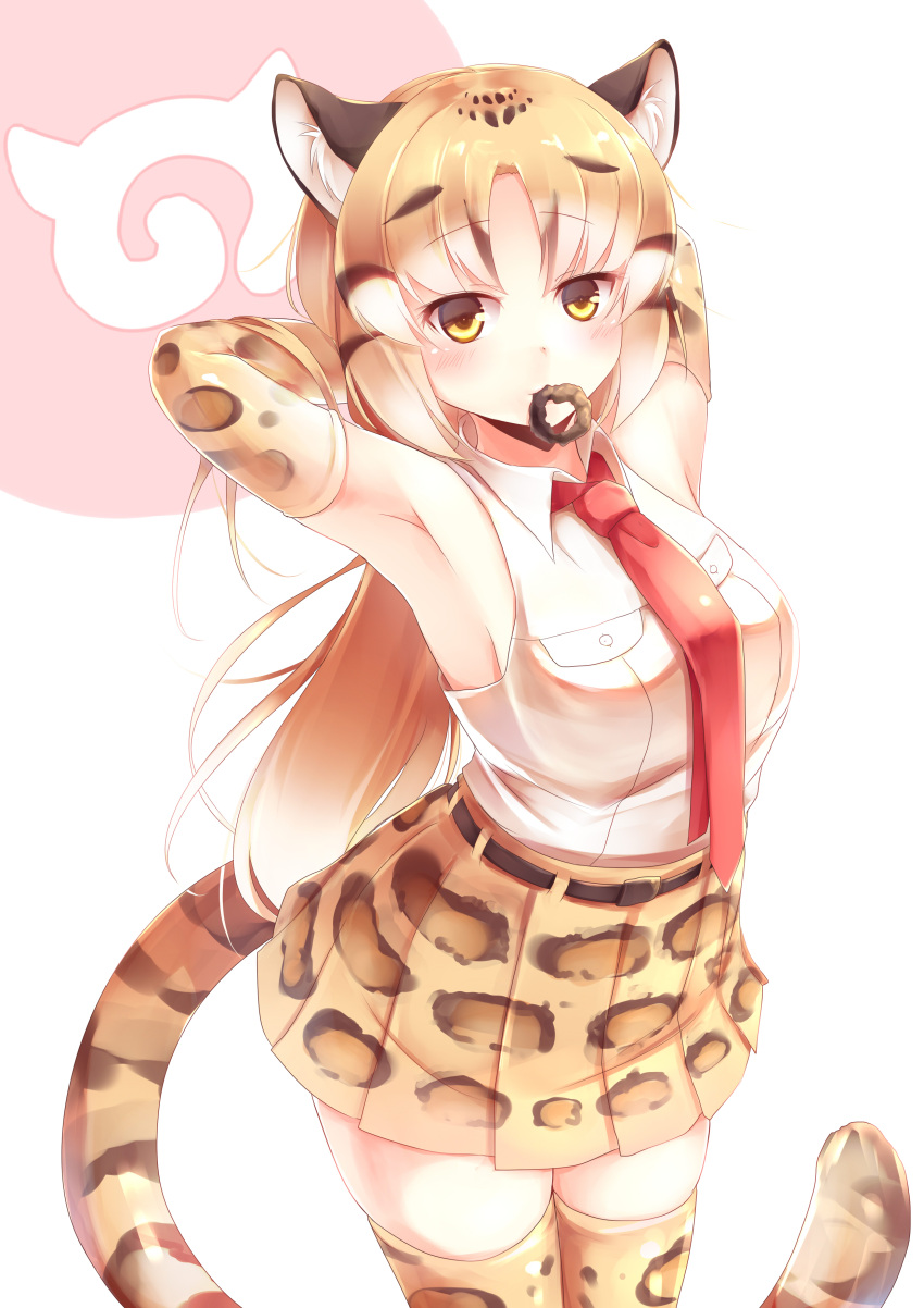 1girl absurdres animal_print arched_back armpits arms_behind_head belt blonde_hair brown_hair clouded_leopard_(kemono_friends) commentary cowboy_shot elbow_gloves gloves hairdressing hands_in_hair highres japari_symbol kanzakietc kemono_friends leopard_ears leopard_print leopard_tail long_hair looking_at_viewer mouth_hold multicolored_hair necktie pleated_skirt print_gloves print_legwear print_skirt red_necktie scrunchie shirt simple_background skirt sleeveless sleeveless_shirt solo striped_tail thigh-highs white_background white_shirt zettai_ryouiki