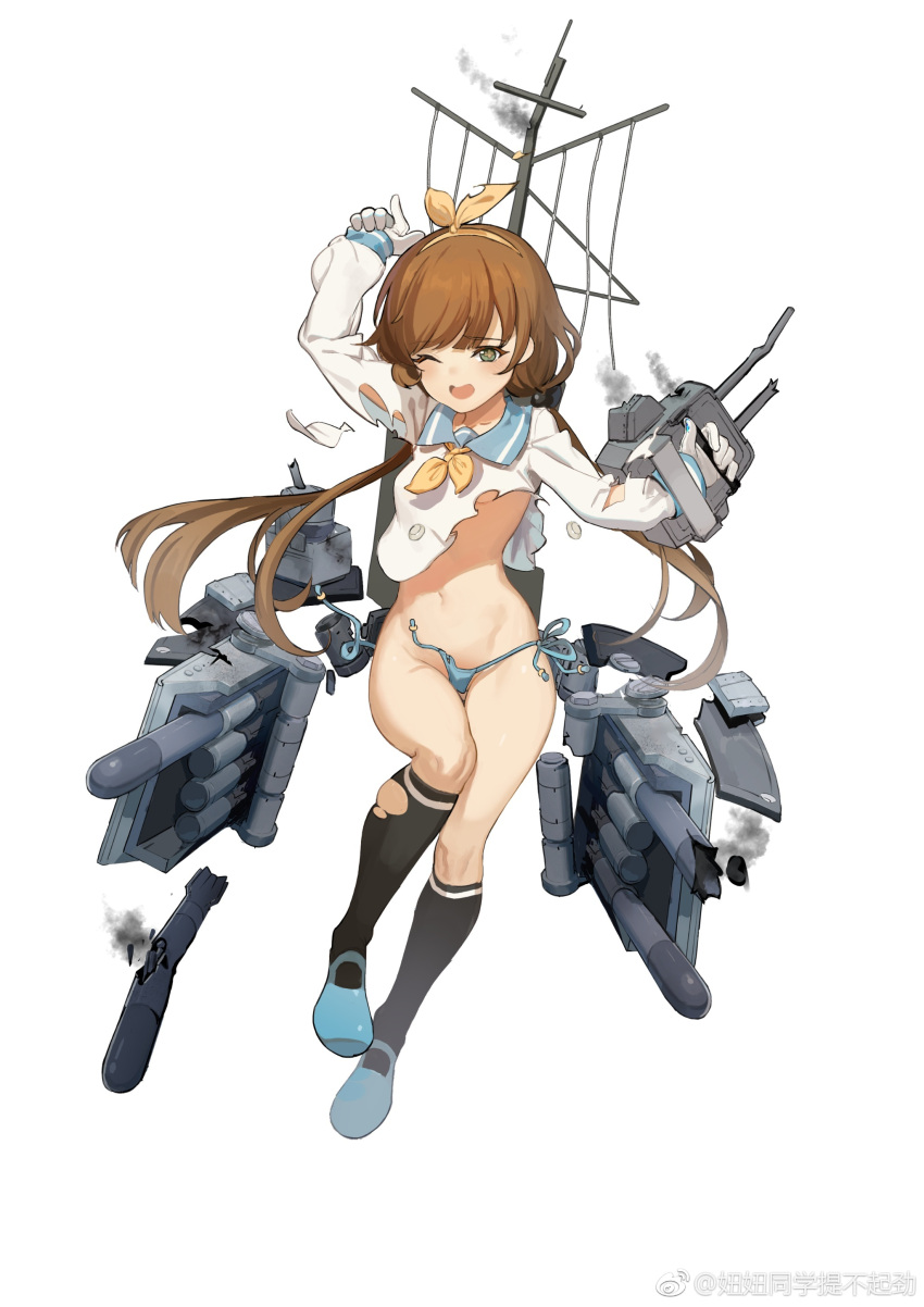 1girl ;o absurdres arm_up artist_request bangs battleship_girl black_legwear blue_panties breasts brown_hair eyebrows_visible_through_hair full_body gloves green_eyes hair_ornament hairband highres kneehighs long_sleeves low_twintails mary_janes navel one_eye_closed open_mouth outstretched_arms panties sailor_collar sailor_shirt shirt shoes side-tie_panties simple_background sleeves_past_wrists small_breasts solo standing string_panties symbol-shaped_pupils torn_clothes torn_shirt torpedo turret twintails underwear untied untied_panties white_background white_gloves wince