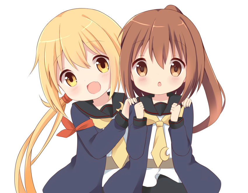 2girls :d :o absurdres behind_another black_serafuku blonde_hair blue_jacket brown_eyes brown_hair chatsune_(white_lolita) crescent crescent_moon_pin fumizuki_(kantai_collection) hands_on_another's_shoulders highres jacket kantai_collection long_hair long_sleeves looking_at_viewer low_twintails multiple_girls neckerchief open_mouth ponytail remodel_(kantai_collection) satsuki_(kantai_collection) school_uniform serafuku smile twintails yellow_eyes yellow_neckerchief