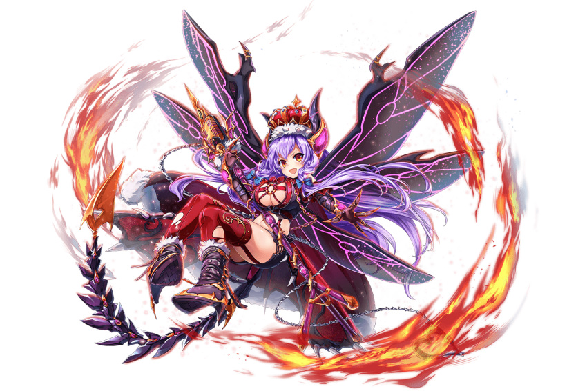 1girl arm_belt beelzebub_(kami_project) belt boots bow breasts cape cleavage cleavage_cutout crown demon_girl demon_horns demon_tail dmm fingernails fire front_ponytail full_body fur fur_trim hair_bow high_heel_boots high_heels horns insect_wings kami_project large_breasts long_fingernails long_hair looking_at_viewer magic microphone microphone_stand microskirt midriff navel o-ring_top official_art open_mouth purple_hair skirt skull smile solo tail thigh-highs thorns torn_clothes torn_thighhighs very_long_hair wings yellow_eyes