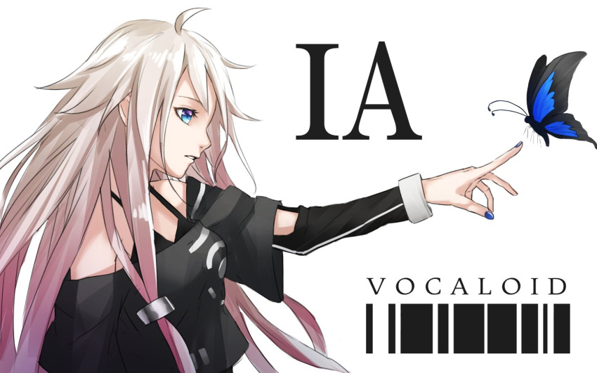 1girl ahoge barcode bare_shoulders black_bra blue_eyes blue_nails bra breasts butterfly character_name commentary copyright_name detached_sleeves gradient_hair grey_shirt ia_(vocaloid) long_hair looking_afar medium_breasts multicolored_hair nail_polish off_shoulder outstretched_arm parted_lips pink_hair pointing profile shirt silver_hair simple_background solo sugi_214 underwear vocaloid white_background