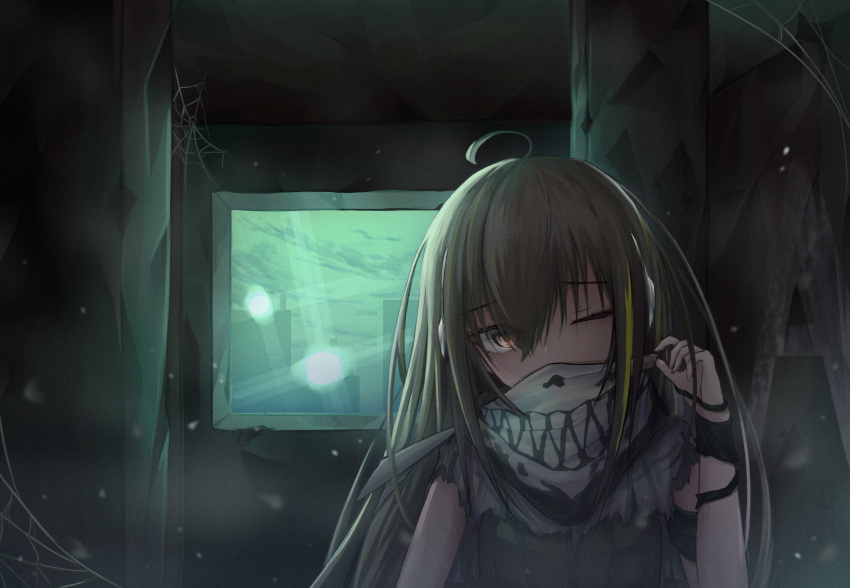 1girl ahoge bandana_over_mouth bandanna bangs brown_eyes brown_hair eyebrows_visible_through_hair eyes_visible_through_hair girls_frontline gloves green_hair hair_between_eyes head_tilt headphones highres long_hair looking_at_viewer m4a1_(girls_frontline) multicolored_hair one_eye_closed ribbed_sweater scarf sidelocks silk snow snowing spider_web streaked_hair sweater sweater_vest sye torn_clothes window